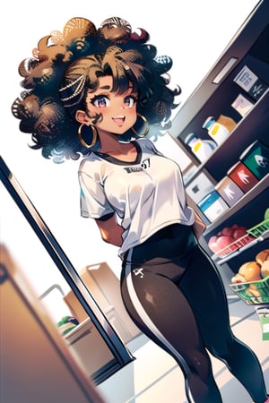 

light smile,open mouth,one afro hair, dark brown skin, curly hair, afro hair, African head, masterpiece, smooth skin, hoop earrings, active wear, perfect hands, grocery store, high angle, almond eyes, pretty girl, big lips, thick thighs, quarter angle, leggings,
