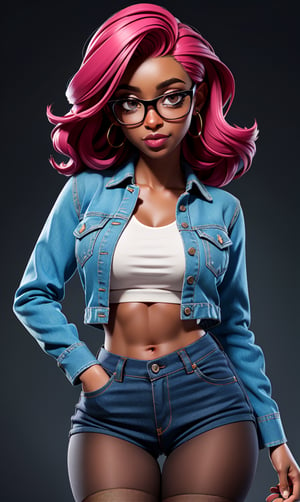 Ebony skin, Dark chocolate skin, face piercings, Long red hair, slim body, plump lips, round lips, wide mouth, round nose, fish net tights, pale, nice lower abs, beautiful, whips, menace, green eye shadow, lip gloss, glossy lips, oily, moisturized skin, thick glasses, beautiful nerd, jean jacket, denim texture, unbutton, at the bar, looking at you, glossy bottom lip, big bottom lip, round bottom lip,