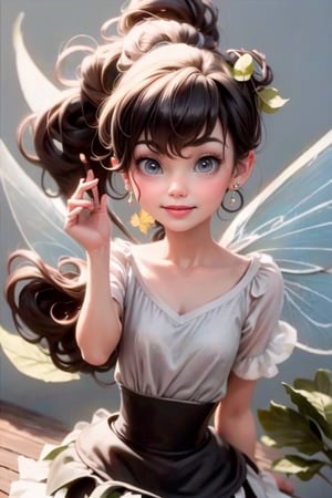 masterpiece, best quality, a fairy smiling, black hair, hair bow, earrings, choke, leaf crop, leaf skirt,TinkerWaifu