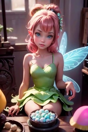 masterpiece, best quality, (TinkerWaifu:1), a fairy eating neon mushrooms, neon fairy dress,