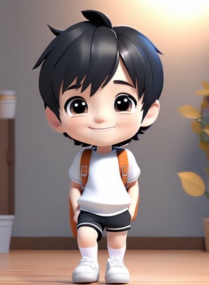 3d cartoon,  a cute chibi loli boy smiling in an 8K resolution. black hair,  short_pants,  (((white))) socks,  white sneakers,  backpack,