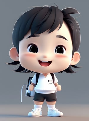 3d cartoon,  a cute chibi loli boy smiling in an 8K resolution. black hair,  short_pants,  (((white))) socks,  white sneakers,  backpack,