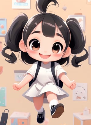a cute chibi loli girl smiling in an 8K resolution. black hair,  toddlers dress,  (((white))) socks,  black pumps,  backpack,