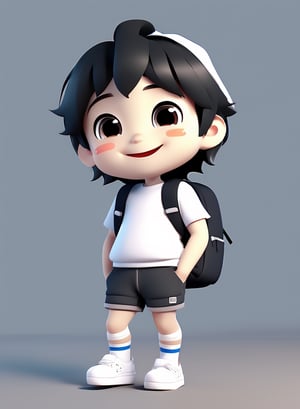 3d cartoon,  a cute chibi loli boy smiling in an 8K resolution. black hair,  short_pants,  (((white))) socks,  white sneakers,  backpack,