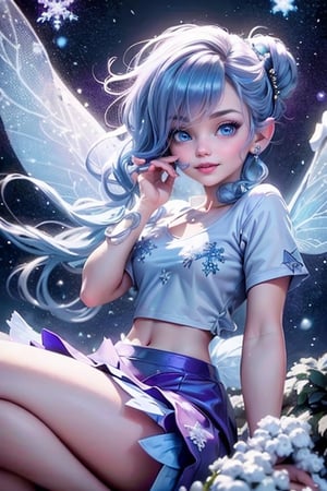 masterpiece, best quality, a fairy smiling, blue hair, (purple) eyes, blue smokey eyes makeup, hair crystal ornaments, snowflake earrings, blue choke, white crop shirt, blue skirt, slouching on a frozen flower, (night sky), magical garden at night, falling snow, magical blue sparks floating around, TinkerWaifu