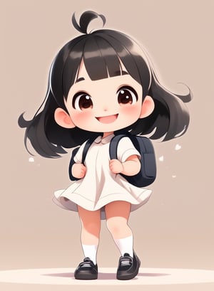 a cute chibi loli girl smiling in an 8K resolution. black hair,  toddlers dress,  white socks,  black pumps,  backpack, hands up,