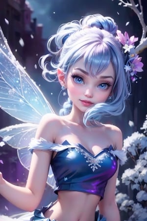 masterpiece, best quality, a fairy smiling, blue hair, (purple) eyes, blue smokey eyes makeup, hair crystal ornaments, snowflake earrings, blue choke, blue petal crop shirt, blue leaf skirt, slouching on a frozen flower, (night sky), magical garden at night, falling snow, magical blue sparks floating around, TinkerWaifu