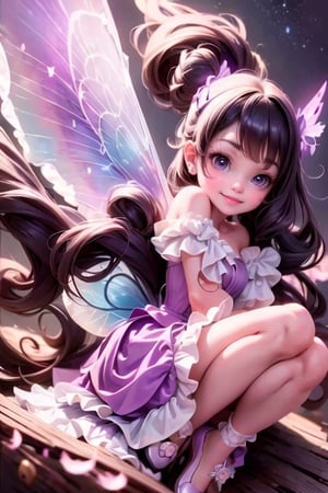 masterpiece, best quality, (TinkerWaifu:1) smiling, (fairy wings), black hair, purple strapless dress, white tights, purple (lolita pumps), magic garden at night, sparks floating,TinkerWaifu