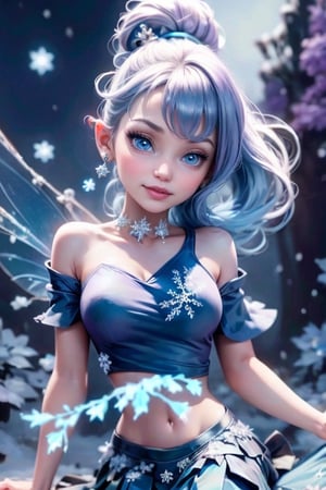 masterpiece, best quality, a fairy smiling, blue hair, (purple) eyes, blue smokey eyes makeup, hair crystal ornaments, snowflake earrings, blue choke, blue petal crop shirt, blue leaf skirt, slouching on a frozen flower, (night sky), magical garden at night, falling snow, magical blue sparks floating around, TinkerWaifu