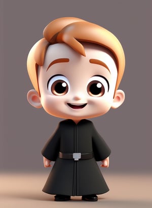 3d cartoon,  a cute chibi loli boy smiling in an 8K resolution. large black cassock