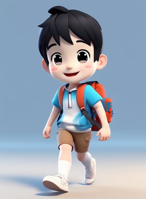 3d cartoon,  a cute chibi loli boy smiling in an 8K resolution. black hair,  short_pants,  (((white))) socks,  white sneakers,  backpack,  walking