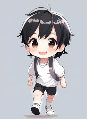 a cute chibi loli boy smiling in an 8K resolution. black hair, short_pants, (((white))) socks, white sneakers, walking