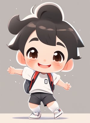 a cute chibi loli boy smiling in an 8K resolution. black hair,  short_pants,  white socks,  white sneakers,  backpack, hands up,