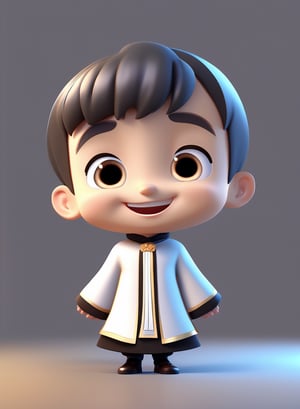 3d cartoon,  a cute chibi loli boy smiling in an 8K resolution. large cassock