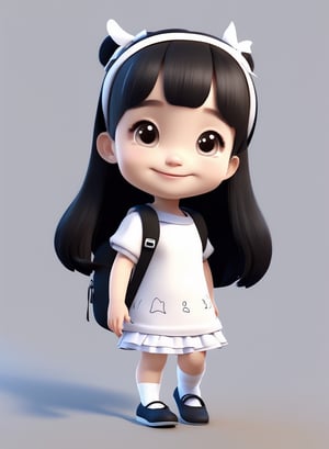 3d cartoon,  a cute chibi loli girl smiling in an 8K resolution. black hair,  toddlers dress,  (((white))) socks,  black pumps,  backpack,  walking