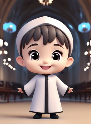 3d cartoon,  a cute chibi loli boy smiling in an 8K resolution. large cassock