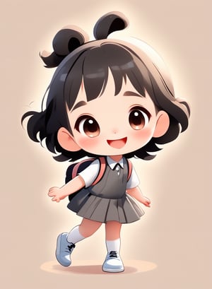 a cute chibi loli girl smiling in an 8K resolution. black hair,  toddlers dress,  white socks,  black pumps,  backpack, hands up,