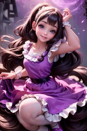 masterpiece, best quality, (TinkerWaifu:1) smiling, black hair, purple dress, white tights, purple (lolita pumps), magic garden at night, sparks floating,TinkerWaifu