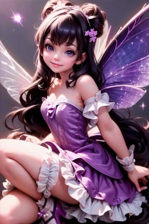 masterpiece, best quality, (TinkerWaifu:1) smiling, (fairy wings), black hair, purple strapless dress, white tights, purple (lolita pumps), magic garden at night, sparks floating,TinkerWaifu