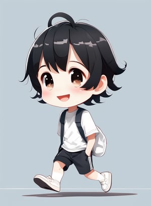 a cute chibi loli boy smiling in an 8K resolution. black hair, short_pants, (((white))) socks, white sneakers, walking