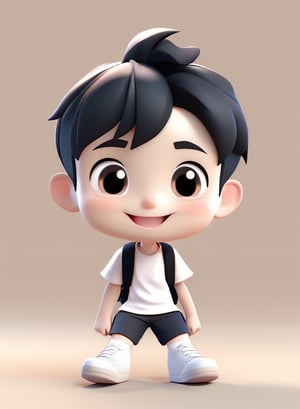 3d cartoon,  a cute chibi loli boy smiling in an 8K resolution. black hair,  short_pants,  (((white))) socks,  white sneakers,  backpack,