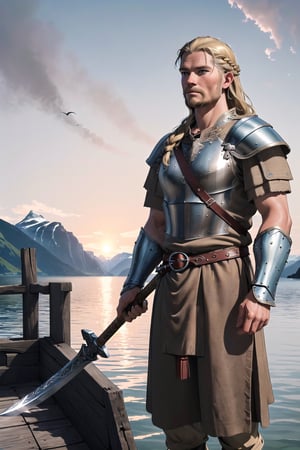 ((masterpiece, extremely detailed, realistic, best quality, highres, high resolution:1.2))

The Viking warrior stands in the picturesque setting of a Viking settlement on the fjord, enveloped in the warm light of the setting sun. His lightweight armor shimmers with a soft glow as the fjord lies calmly before him.

The last rays of sun cast a golden glow on the surrounding huts and boats stretching along the fjord. The air is filled with salty sea breezes and the distant sound of seagulls.

The Viking carries an ax on his belt, ready for any challenge. His gaze is calm and penetrating as he surveys the horizon. The lightweight armor, consisting of braided leather and metal plates, allows him unrestricted freedom of movement.

The settlement around him comes to life, with people doing their daily chores and preparing dinner. The crackling of campfires fills the air as smoke slowly rises into the sky.

The Viking, in his proud demeanor, embodies the strength and determination of his people. The scene at the harbor conveys a feeling of peace and at the same time the invincible aura of a warrior ready to withstand the challenges of Nordic life.


