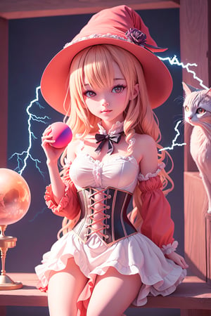 a hot witch, Holding a magic sphere that glows blue and emitting lightning, wearing a witch's hat, wearing a red dress is beautiful, a cat is sitting on a wooden beam in the corner of the witch's house behind the witch, the witch is looking sideways on the witch viewers, corset



maximum image texture, best quality UHD 16k, Anime 1.5, best quality, masterpiece, ultra-detailed, very high definition, extremely delicate and beautiful, high resolution, hyperealistic shadows, masterpiece, more contrast, high_resolution, best faces, max pixel, perfect finger, perfect hands