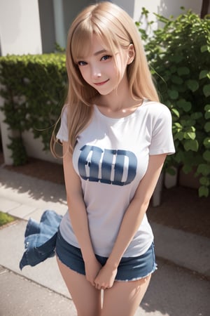 european blond woman with nice arms, nice hands, best quality uhd 4k, slim arms, anime, eyes look in front, t-shirt,  2 nice hands, 4K, 80/55/80, slim legs, looks lovingly ahead, anime, hands on body, 165 big,