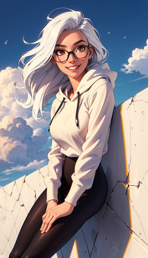 (winter background), (windy background), 1woman, smile, (white hair), long-hair, past-the-weste, beautiful breasts, (black glasses), (black tight hoodie sweater), (white skirt), leaning on the wall, (black leggings), (brown purse), clouds