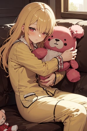 ((detailed hand, detailed finger, hide hands)), ((hyper super ultra detailed perfect piece)),illustration,masterpiece,(((1girl))), bright yellow hair, layered clothing, leg and warm warmers, woman, woman body’s, woman faces, decora fashion, ((colorful pajamas, unbutton shirt)), ((hugging doll, hide behide doll)), teddy bear, many teddy bears, (sleeping pose, on couch, pink couch), open one eye,sleepy face, blushing, shy, tsundere, living room background, sunlight, warm light, light from behind,portrait, close up, detailed furniture, pillows, branket