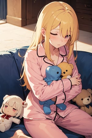 ((detailed hand, detailed finger, hide hands)), ((hyper super ultra detailed perfect piece)),illustration,masterpiece,(((1girl))), bright yellow hair, layered clothing, leg and warm warmers, woman, woman body’s, woman faces, decora fashion, ((colorful pajamas, unbutton shirt)), ((hugging doll, hide behide doll)), teddy bear, many teddy bears, (sleeping pose, on couch, pink couch), open one eye,sleepy face, blushing, shy, tsundere, living room background, sunlight, warm light, light from behind,portrait, close up 