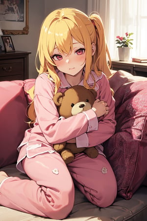 ((detailed hand, detailed finger, hide hands)), ((hyper super ultra detailed perfect piece)),illustration,masterpiece,(((1girl))), bright yellow hair, layered clothing, leg and warm warmers, woman, woman body’s, woman faces, decora fashion, ((colorful pajamas, unbutton shirt)), ((hugging doll, hide behide doll)), teddy bear, many teddy bears, (sleeping pose, on couch, pink couch), open one eye, blushing, shy, tsundere, living room background,  