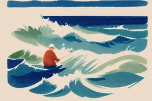 An old Fisherman with a weatherbeaten face stares out at the ocean from the shoreline with the waves crashing at his feet. Masterpiece, lovely composition, FML, watercolor, landscapes, nature, outdoors, 