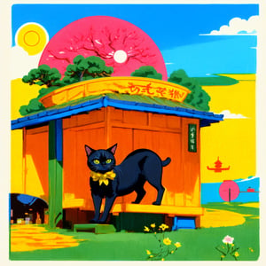 A postcard sized detailed illustration of one black cat on a yellow background with green bonsai clouds and a pink circle of sun above, vintage Japanese styled bar and cafe ad, reminiscent of the style of Rene Gruau, masterpiece of an illustration, lovely print style,   illustration, GBH, landscape, outdoors,illustration,landscape