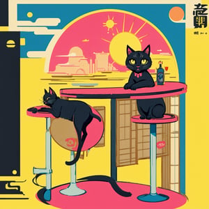 A poster illustration of a black cat on a yellow background with a pink circle of sun above, vintage Japanese styled bar/cafe ad, reminiscent of the style of Rene Gruau, masterpiece of an illustration , lovely print style,   ,illustration
