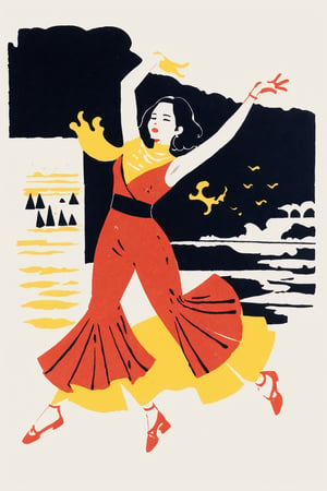 minimalist Illustration of a dynamic Flamenco dancer, a loose colorful minimalist ink drawing style, vanishing point on paper, with washes, fiery red, warm yellow and black. Washes, outdoors, nature, Spanish dancer, castanets, paella, vaguely abstract