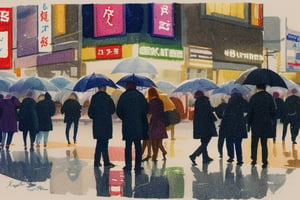 Watercolor showing rush hour at Shinjuku in the rain; crowds, neon lights, umbrellas and refections. Masterpiece, lovely composition, FML, watercolor, landscapes, nature, outdoors,
