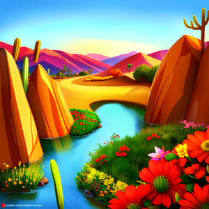 illustration of a desert plain with a river rolling through it, the cacti and the Joshua trees, lovely blue smokey hills in the distance, 