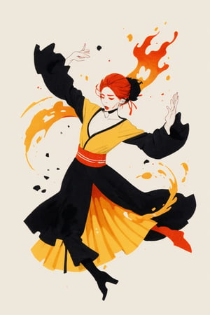 minimalist Illustration of a highly dynamic Flamenco dancer, a loose colorful minimalist ink drawing style, vanishing point is on the page, with colored washes of fiery red, warm yellow and black. Washes, outdoors, nature, Spanish dancer, castanets, paella, vaguely abstract
