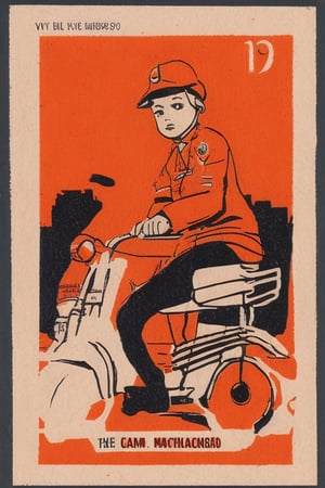 Highly detailed 1970s Matchbox Label for: The Tricycle, in the style of pulp comic illustration, VSML, Vintage Print Graphics, 1945, 1918