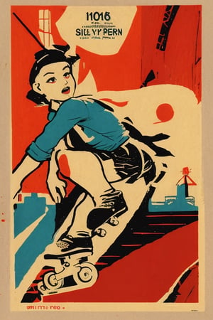 Full body shot, roller derby skater girl “Skatey Perry”.  Illustration presented in silkscreen print style and in the mixed art styles of a pulp comic illustration and Bill Sienkiewicz VSML, Vintage Print Graphics, 1945, 1918