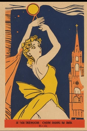 The Ballerina, a detailed Matchbox Label. Red, yellow and dark navy, triadic colors, Toulouse Lautrec core, anime vibes, Vintage Print Graphics, VSML, 1945, 1918