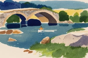 FMLA detailed watercolor of an old man fly fishing in a river below an old stone bridge. Masterpiece, lovely composition, FML, watercolor, landscapes, nature, outdoors, art, style