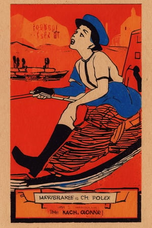 The Singing Gondolier, a detailed Matchbox Label. Triadic colors, complimentary colors, Toulouse Lautrec core, anime vibes, VSML, Vintage Print Graphics, 1945, 1918