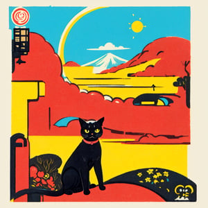 A postcard sized illustration of one black cat on a yellow background with a pink circle of sun above it’s head, vintage Japanese styled bar and cafe ad, reminiscent of the style of Rene Gruau, masterpiece of an illustration, lovely print style,   illustration, GBH, landscape, outdoors,illustration,landscape