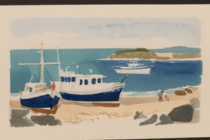 A detailed watercolor of some small fishing boats, protected from the crashing ocean waves by an old harbor wall, couples walk on the beach. FML, watercolor, landscapes, nature, outdoors, art, style