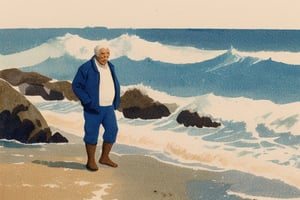 An old Fisherman on the beach, with his weatherbeaten face stating at the ocean as the waves crash near his feet. Masterpiece, lovely composition, FML, watercolor, landscapes, nature, outdoors, 