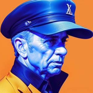 Frank Sinatra singing with a hat on, full to medium upper body portrait in a XTCH crosshatched illustration. Partially shaded face, ultra detailed hatching in shadow areas, purple theme, spot color,  orange background, sharp line art, partially colored, limited palette, intricately detailed layers of crosshatched lines, 8K, masterpiece, XTCH, crosshatching, illustration, portrait, ,XTCH