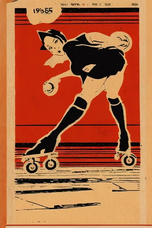 Full body shot, roller derby skater girl “Skatey Perry”.  Illustration presented in silkscreen print style and in the mixed art styles of a pulp comic illustration and Bill Sienkiewicz VSML, Vintage Print Graphics, 1945, 1918