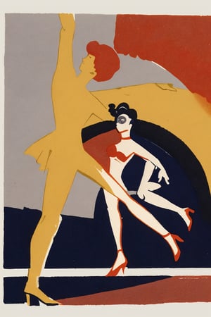 Illustration of Moulin Rouge dancers by Toulouse Lautrec with fiery red, warm yellow and dark navy, watery washes of color, FML, outdoors, nature